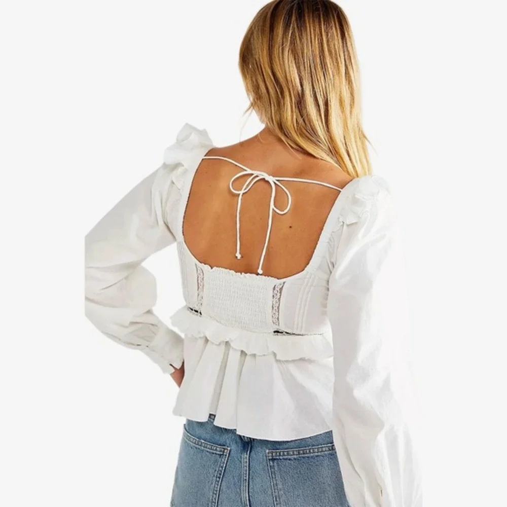Free People White Peasant Peplum Blouse with Black Trim